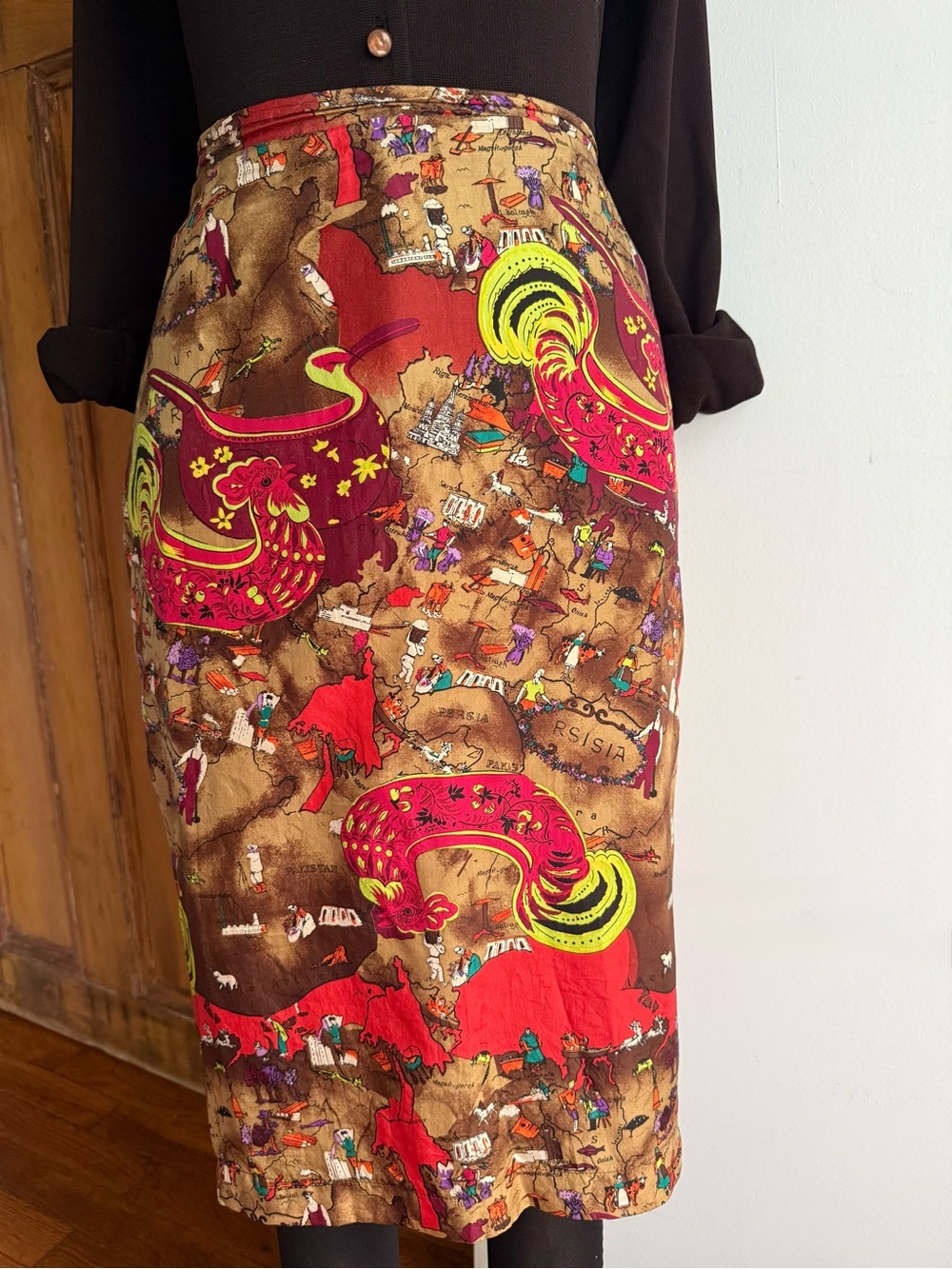 Vintage Silk European Map Rooster Print Pencil Skirt